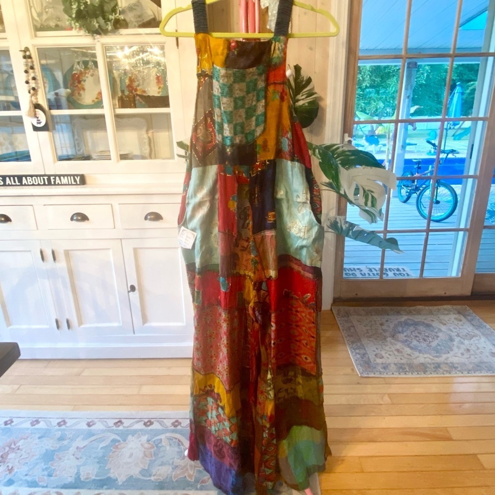 NWT Patchwork Wide leg Jumpsuit Adjustable Straps Made in Nepal